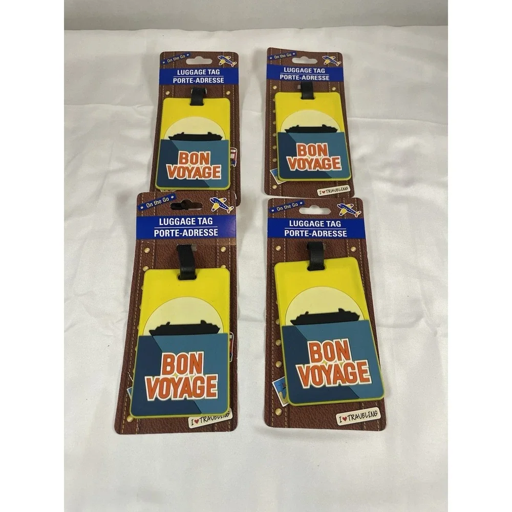 Lot of 4 Bon Voyage Luggage Tags Cruise Ship Theme Yellow Blue Travel ID Tags